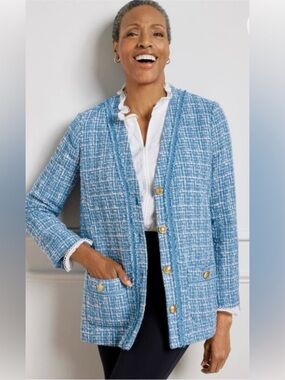 New Talbots Womens 2 Blue Boucel Tweed Gold Button Blazer Jacket Coatigan Preppy